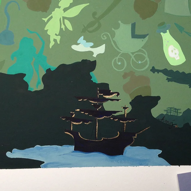 detail of the lagoon & jolly roger. love a happy ending, so of course highlighted it with pixie dust.