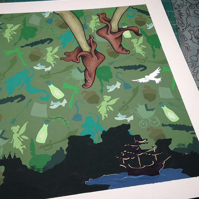 final “off to neverland!” painting with tape removed from the edges! painted in gouache, with a bit of ink and colored pencil on peter's shoes and legs.