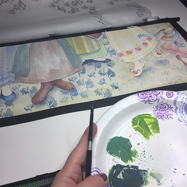 so layering in some greens and blues into the pattern around each sister. (i mix my gouache paints on paper plates so they’re re-usable.)