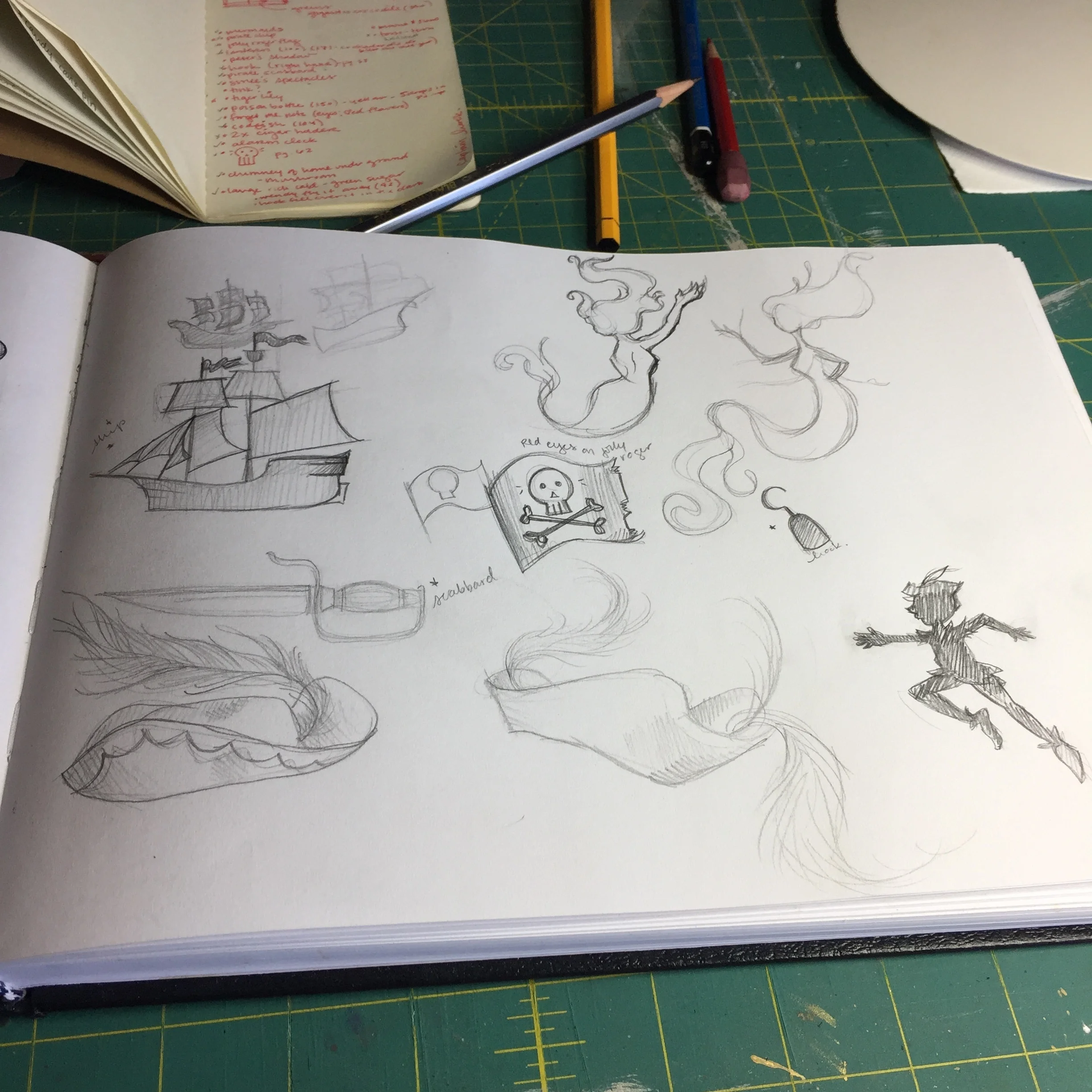 once i've done my original-tome research, i'll usually head to all the adaptations i can find for inspiration and brain-stirring ideas. so i'll sketch those elements i wrote down in my moleskin that might make it into the final piece. here, searching for the perfect jolly roger silhouette, peter's shadow, the hat, some mermaids, his hook, and the jolly roger flag!