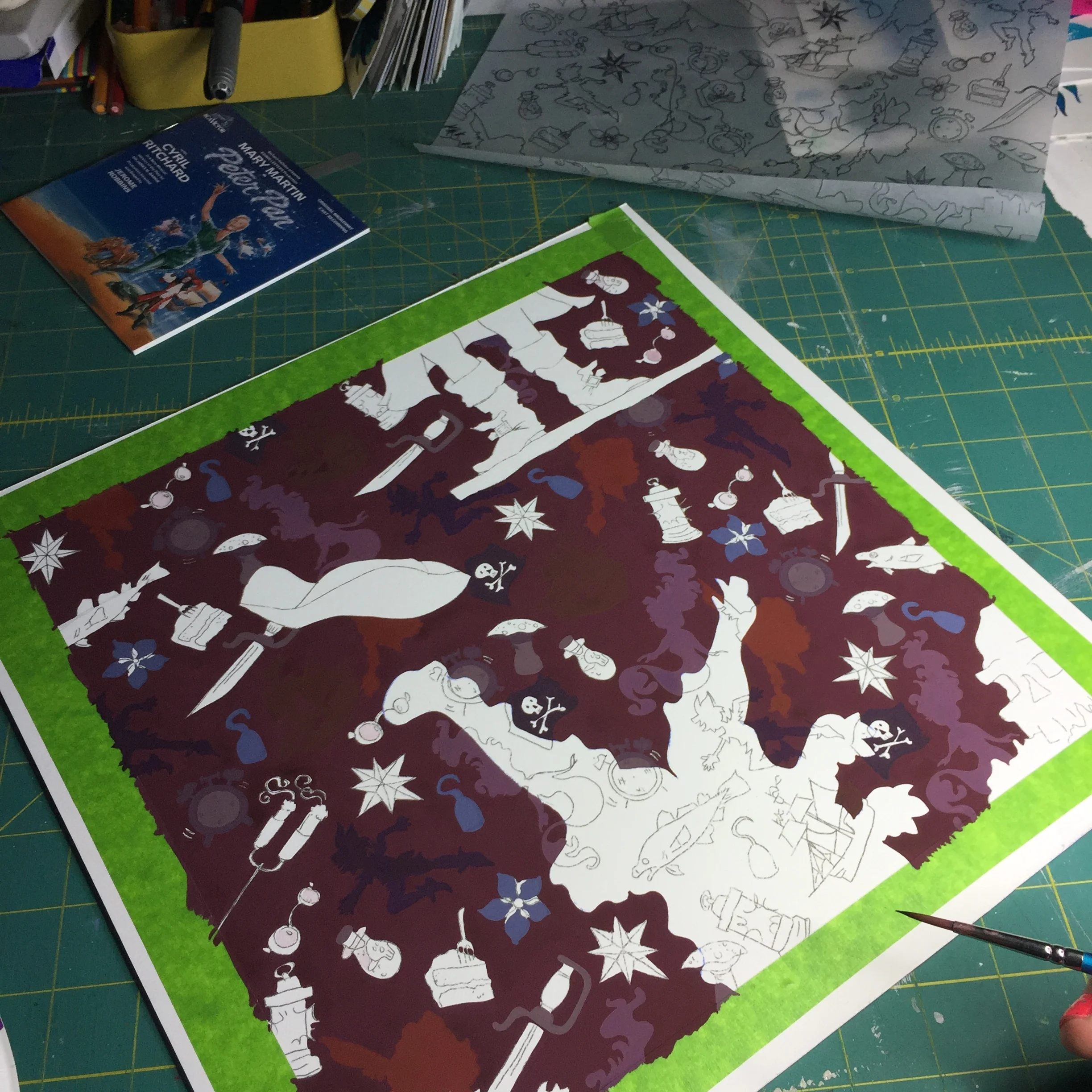 here i've started filling in the story icons in the background. i mixed twenty or more shades of purples and reds to fill in our icons. lots of details. because it's all in the details. and it's all details! :) 