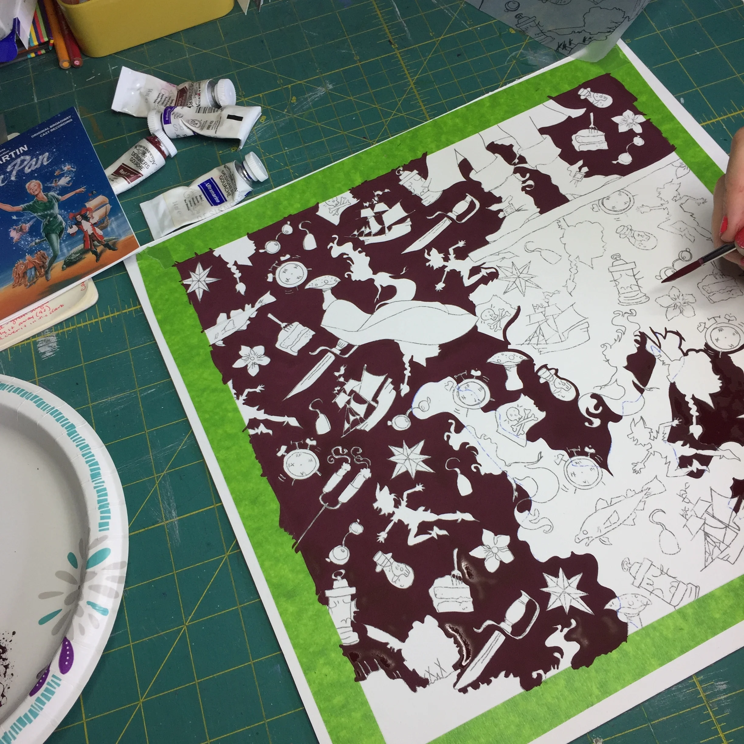 still filling in that background colour! i left the crocodile free of the purple because i wanted to re-do all the shapes in his silhouette in their corresponding greens. open wide, miss crocodile! 
