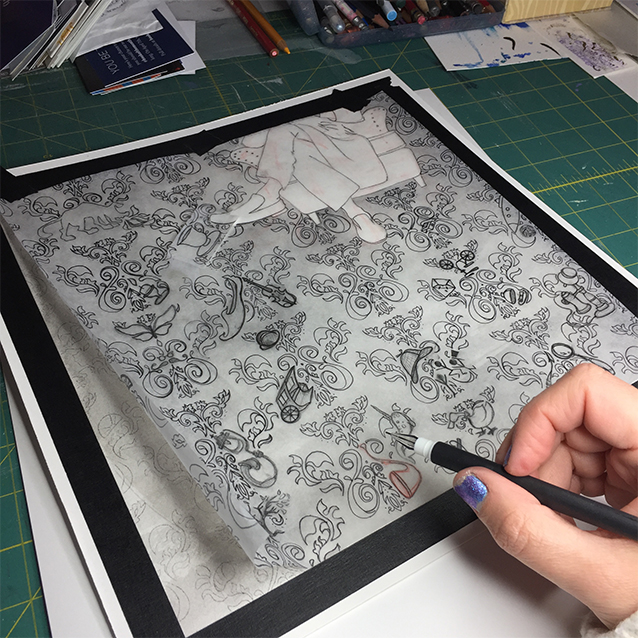 so here’s me re-tracing/transferring down my drawing to the illustration board.
