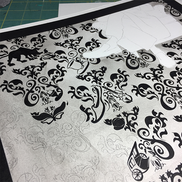 …the pattern emerges… inking the background took upwards of a dozen or two hours.