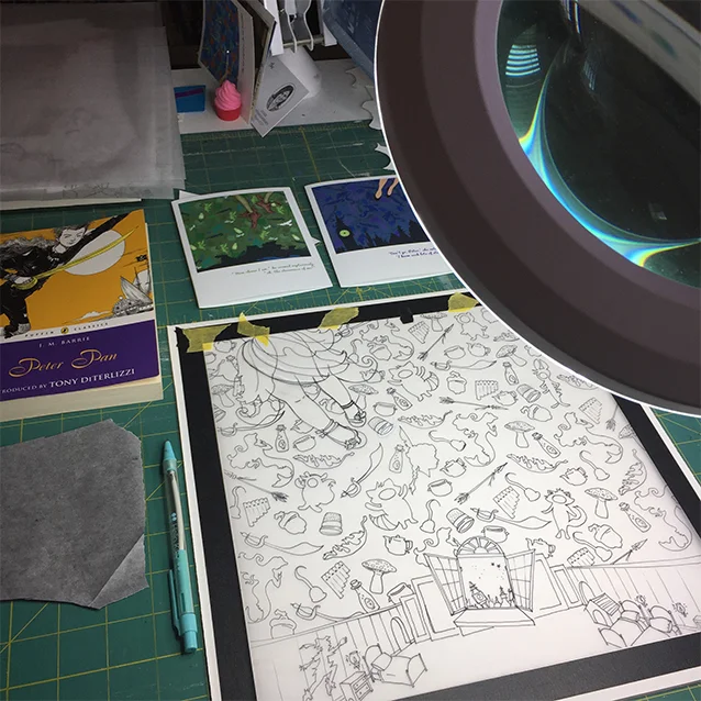 here’s the final pattern drawing taped down to my illustration board. i’ll put a piece of transfer paper between the tracing paper and the board, and re-trace every line so that i can have the drawing on the board and paint around all the shapes.
