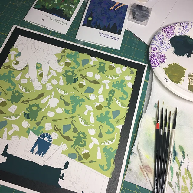 here’s a view once the background color is down and i’m mixing a color for each new shape. (all the mermaids shall be the same green; all the pirate swords are the same green; the lost boys are their own shade of green, etc.)