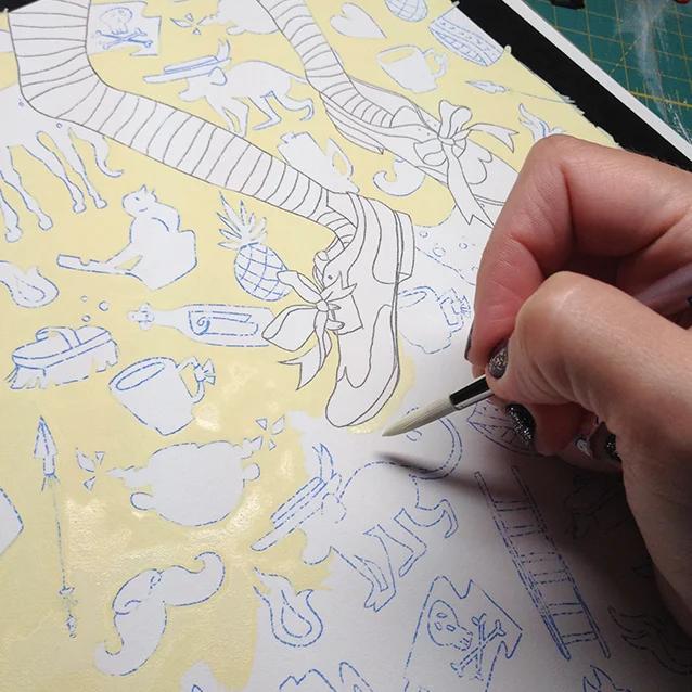 me, slowly painting in that lemon chiffon yellow around all of the background icons until the piece is full…