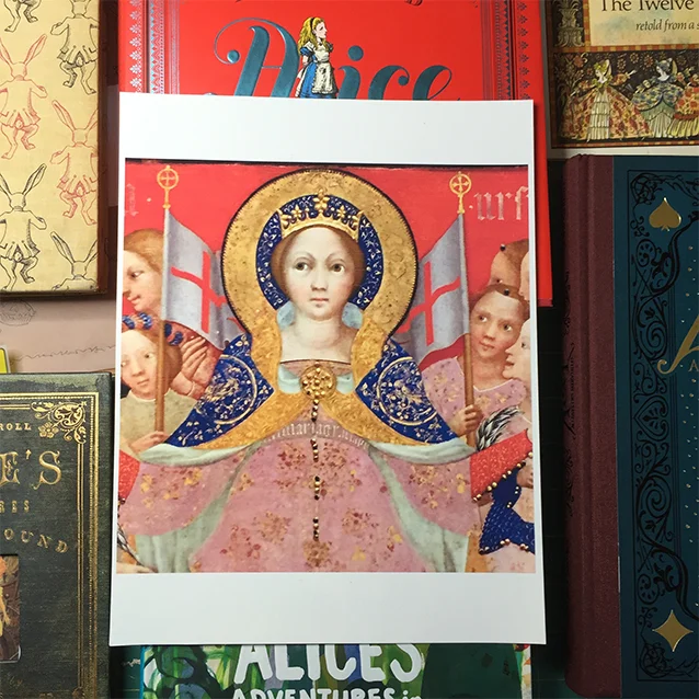 here’s the medieval painting i found in the met this january that inspired the unique layout of this piece. i immediately thought of her bangs as the big hips of her skirts and thought since she’s always yelling “off with their heads!” the picture could be in the shape of her head.