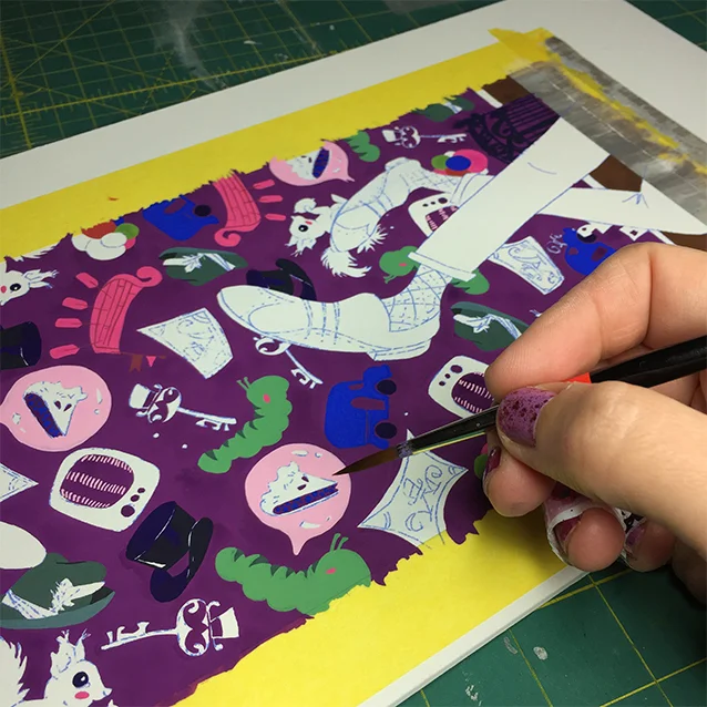 after our background is dry, i move in mixing a new colour for each icon. seen here, adding pie-paint to our violet beauregarde bubble-gum bubbles.