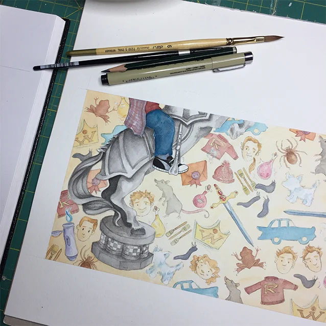 and here’s the left hand side of the final painting, ron’s too-short jeans, dirty hand-me-down-shirt, and what sneakers i would have put him in if they existed. (i just can’t handle boring uniform shoes! i had to mix it up!!)