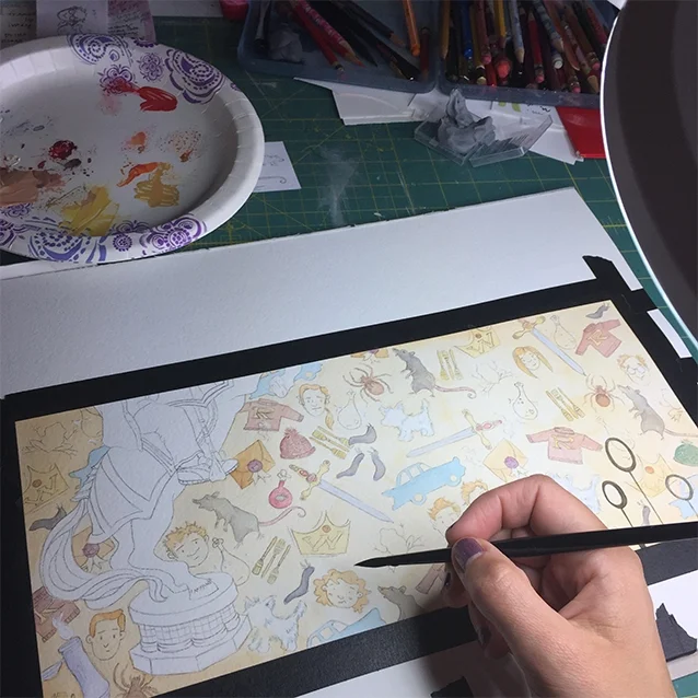here’s the painting with colors slowly being added… for all the faerie tale feet paintings in the wizard-y collection (there’s now four!), i painted on watercolour paper, mixing a few new colours, but mostly reusing paints from my other paintings– lots and lots of sheer layers of colours, recharged from the saved paper plates that i mix on for each piece.