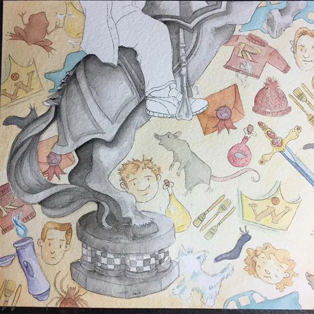 here was the first layer of gouache, graphite, and a bit of india ink is coming on the knight piece that ron rides/plays as in the very first book to help our trio cross the wizards chess board so harry can (what they think) stop snape from stealing the sorcerer’s stone. more contrast came later.