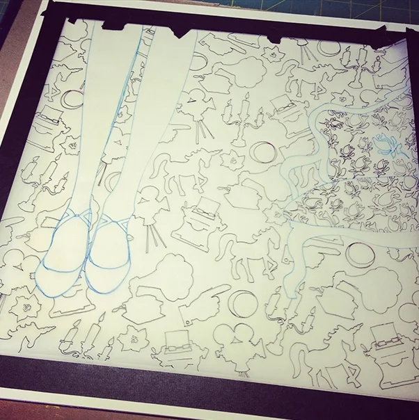 the glass menagerie pattern taped down and ready to be re-traced onto the illustration board i’ll paint on.