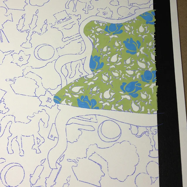 my favourite element of this painting was the couch with the Blue Roses. if you know the play, you’ll get that. you can also see all the blue transfer paper lines from when i traced the drawing onto the illustration board. i'll paint around all those shapes with my background colour in a few more steps...