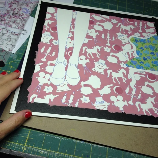 couch upholstery and the background colour painted and ready to start on the icons…! (the background pink had to be painted in one sitting for the gouache to try evenly; it probably took 5 or 6 hours.)