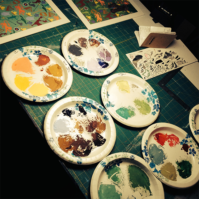 these were all the paper plate palettes i used to mix up each new colour of paint! i do love all the colours!! :D