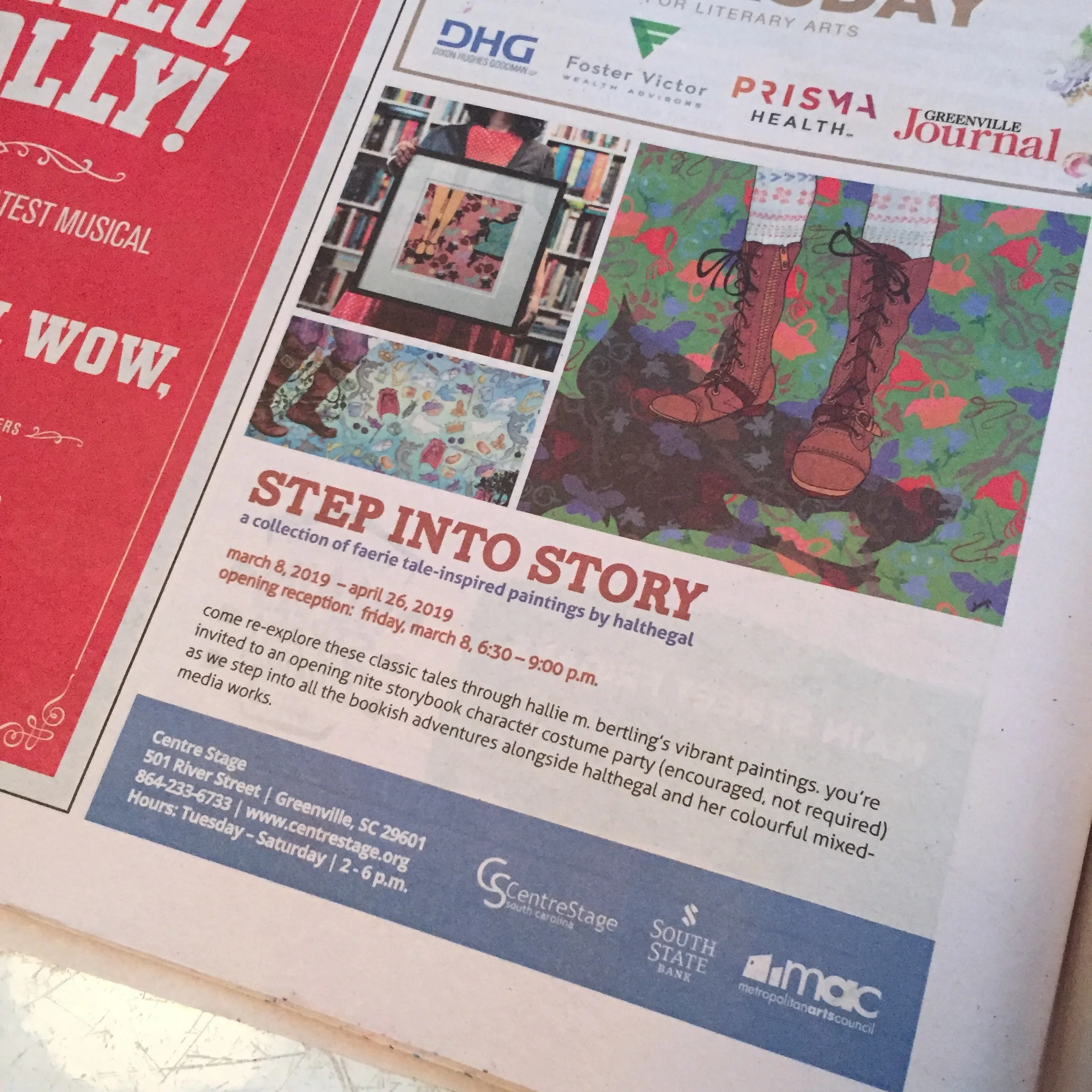 i was featured in GVLtoday’ s email THREE times last week (* fanning my famous self *) and metropolitan arts council was kind enough to put a quarter page in the greenville journal, too!! :D
