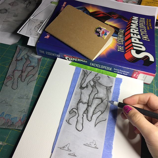 so once i’d finalized my sketches and gotten them approved by the ladies at litjoy, i transferred my drawing to watercolour paper. (i photocopy it to scale, then re-trace it with transfer paper in-between so it leaves a blue line on my painting paper.)