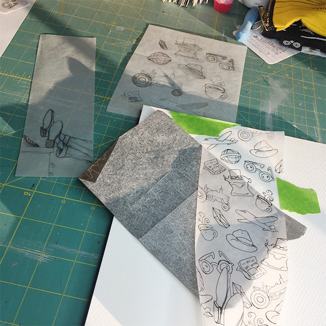 & here’s clark kent’s side of the woodmark in progress— with icons in the background representing his past, present, and secret identity.