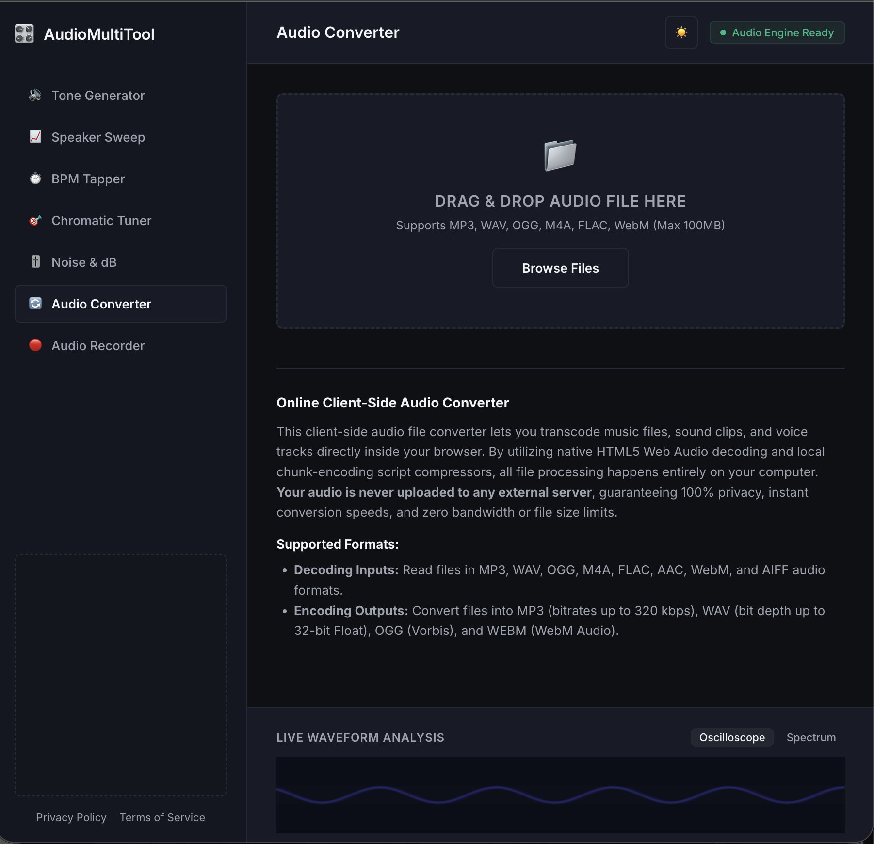 a screenshot of the audiomultitool.com website showing the audio conversion tool page
