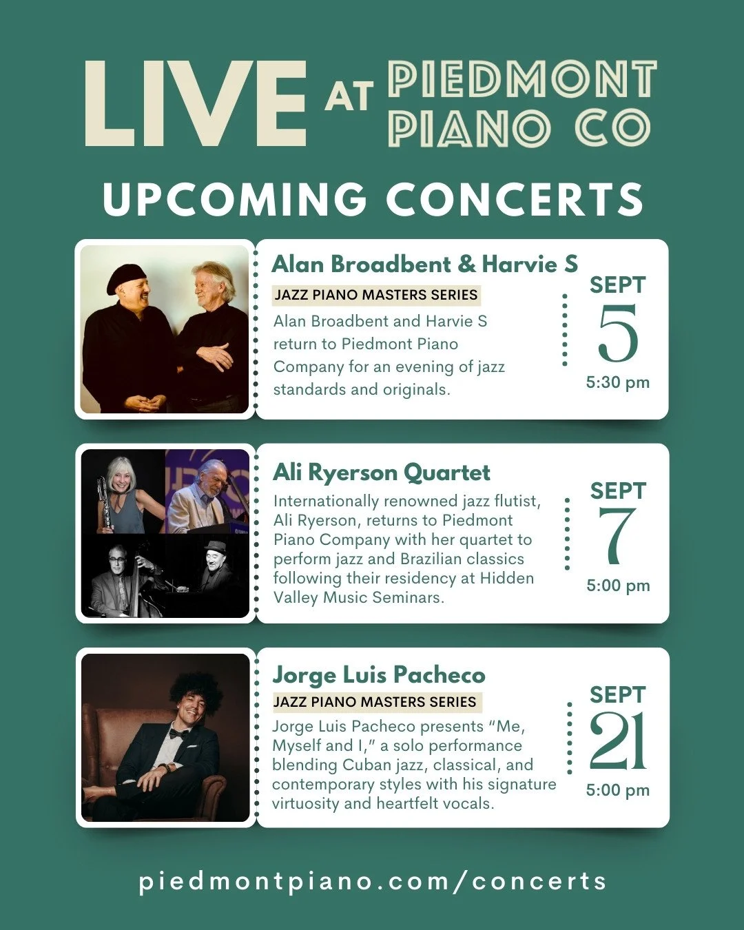 This month at Piedmont Piano Company! 🎹⁠
Join us for incredible live jazz performances:⁠
⁠
+ Alan Broadbent &amp; Harvie S &ndash; Sep 5, 2025 | 5:30 PM &ndash; 7:00 PM⁠
+ Ali Ryerson Quartet &ndash; Sep 7, 2025 | 5:00 PM &ndash; 6:30 PM⁠
+ Jorge Lu