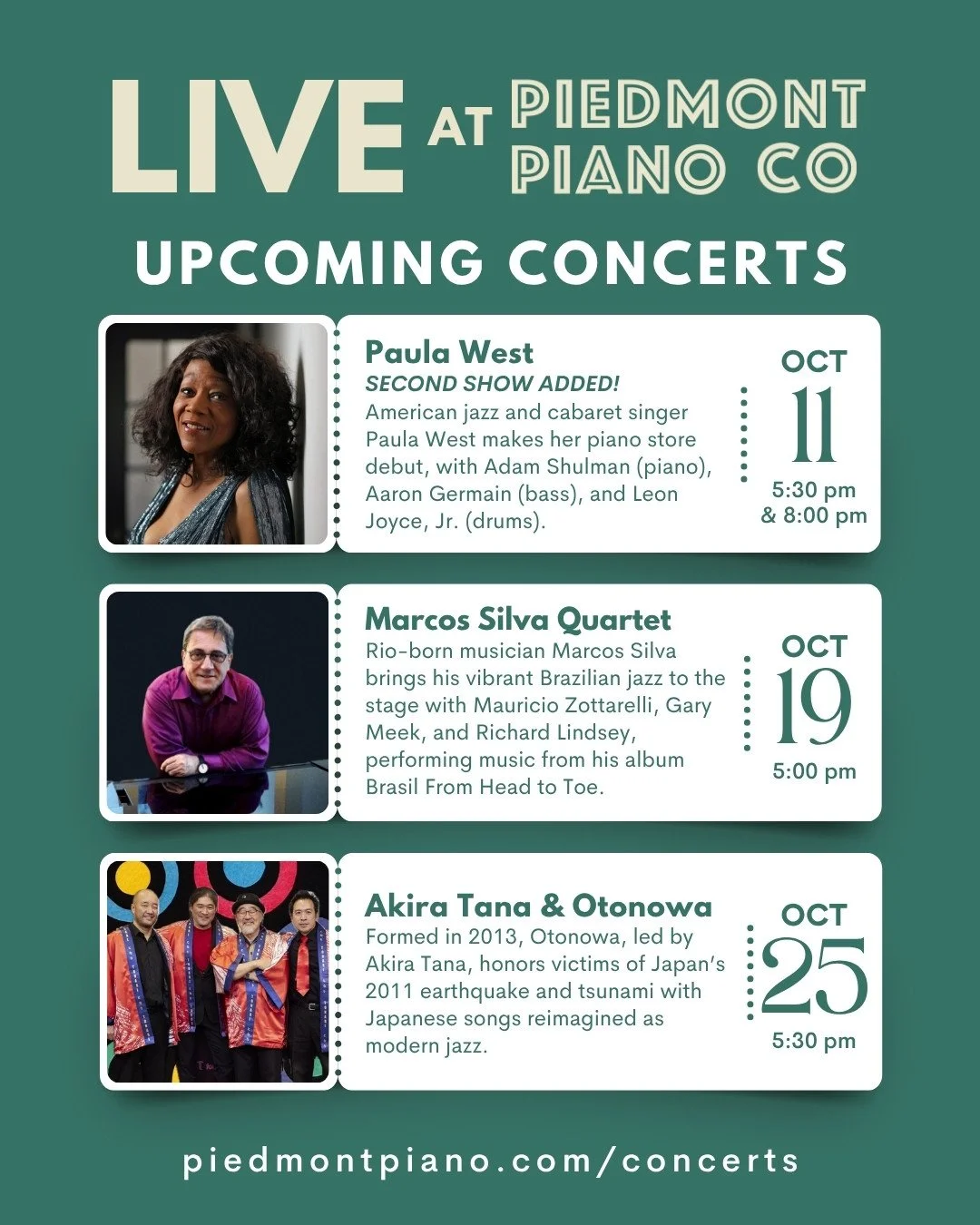 🎹 Coming up this Month at Piedmont Piano Company!⁠
Join us for an unforgettable lineup of live jazz performances:⁠
⁠
Paula West &ndash; Swingin&rsquo; &amp; Romance⁠
Saturday, October 11, 2025⁠
SECOND SHOW ADDED!⁠
5:30&ndash;7:00 PM / 8:00&ndash;9:3