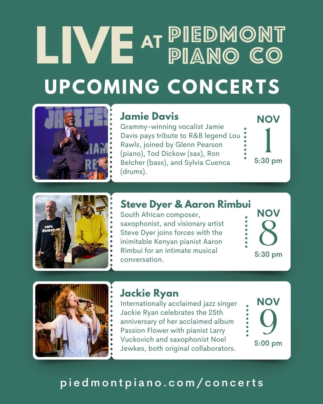 🎹 Coming up this Month at Piedmont Piano Company!⁠
Join us for an unforgettable lineup of live jazz performances:⁠
⁠
Jamie Davis⁠
Saturday, November 1, 2025⁠
5:30 PM⁠
⁠
Steve Dyer &amp; Aaron Rimbui⁠
Saturday, November 8, 2025⁠
5:30&ndash;7:00 PM⁠
⁠