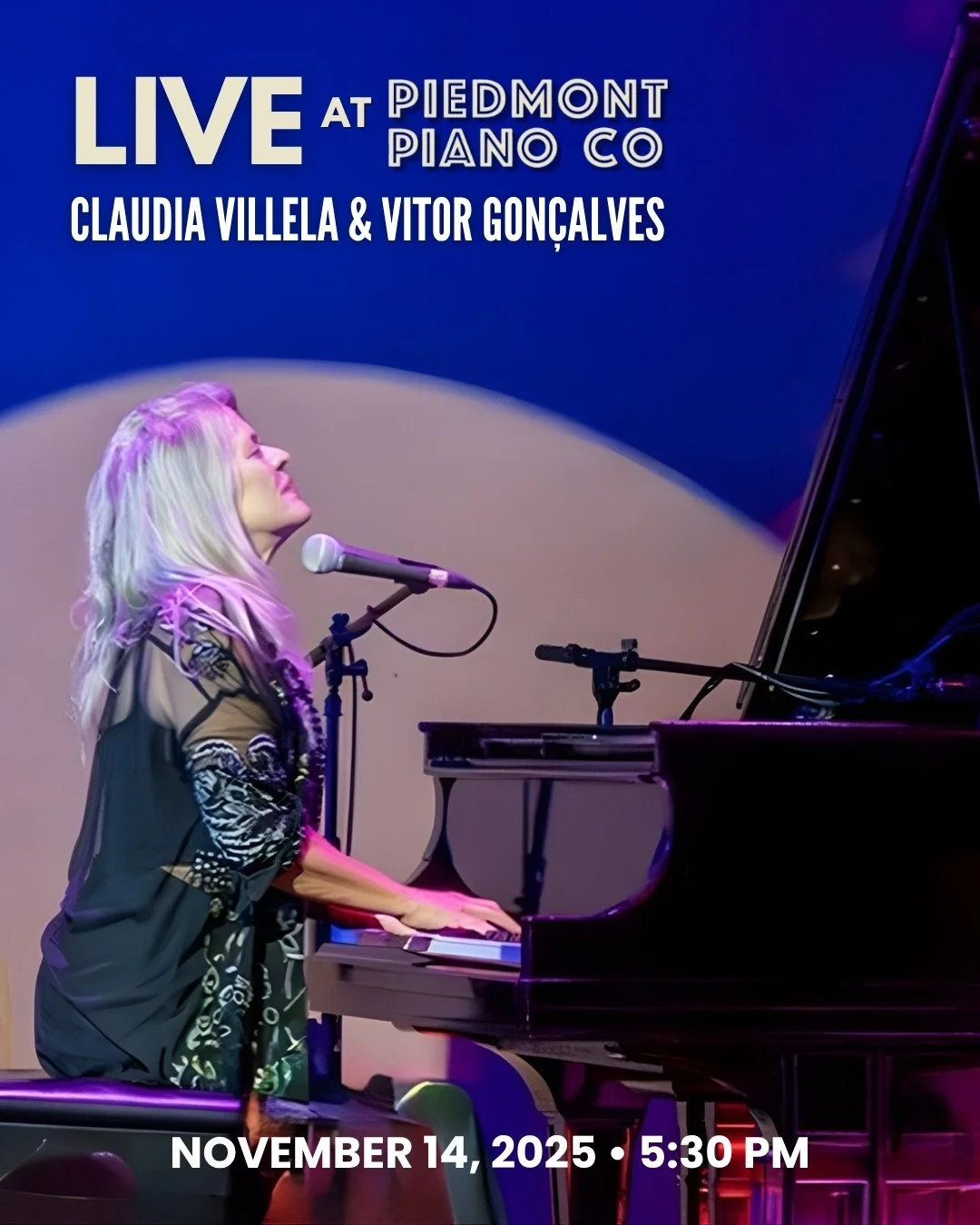 THIS FRIDAY 🎶 Claudia Villela &amp; Vitor Gon&ccedil;alves⁠
November 14, 2025 | Live at Piedmont Piano⁠
5:30 PM &ndash; 7:00 PM⁠
⁠
Claudia Villela (vocals, piano, and percussion) returns to the Piedmont Piano Company, joined by Vitor Gon&ccedil;alve