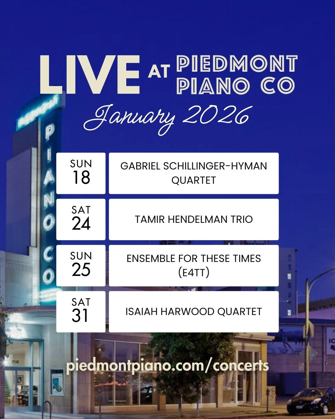 🎹 Coming Up This Month Live at Piedmont Piano Company!⁠
Join us for an exciting lineup of live jazz performances:⁠
⁠
Gabriel Schillinger-Hyman Quartet⁠
Sunday, January 18, 2026⁠
5:00&ndash;6:30 PM⁠
⁠
Tamir Hendelman Trio⁠
Saturday, January 24, 2026⁠