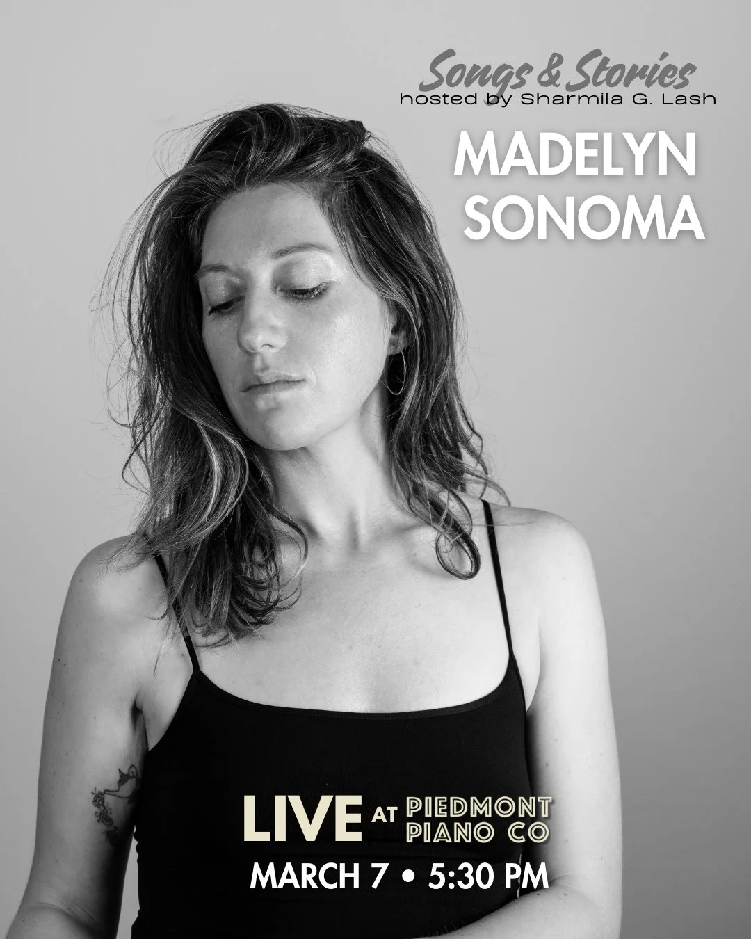 TOMORROW 🎶 Madelyn Sonoma ⁠
Songs &amp; Stories: Madelyn Sonoma Live at Piedmont Piano⁠
Saturday, March 7, 2026 | 5:30 PM⁠
⁠
Madelyn Sonoma has worn many hats, from restaurant owner to photographer, and now singer-songwriter.  She will share a numbe