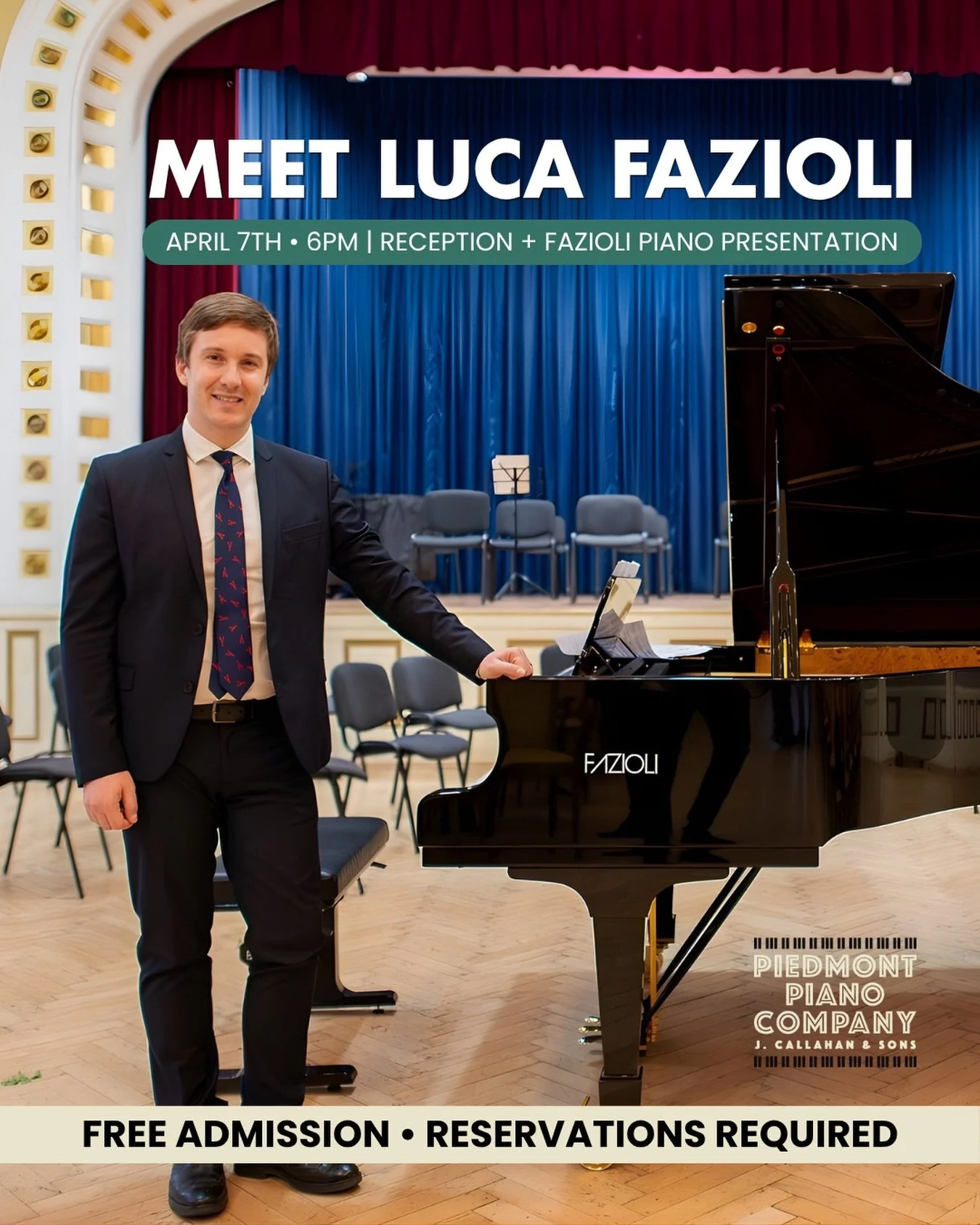 COME MEET LUCA FAZIOLI 🎹 

We are pleased to welcome back Luca Fazioli, Fazioli piano Brand and Factory Manager and son of founder Paolo Fazioli.  Join us for a reception at 6pm to have a glass of wine, visit with Luca, and try out the Fazioli piano