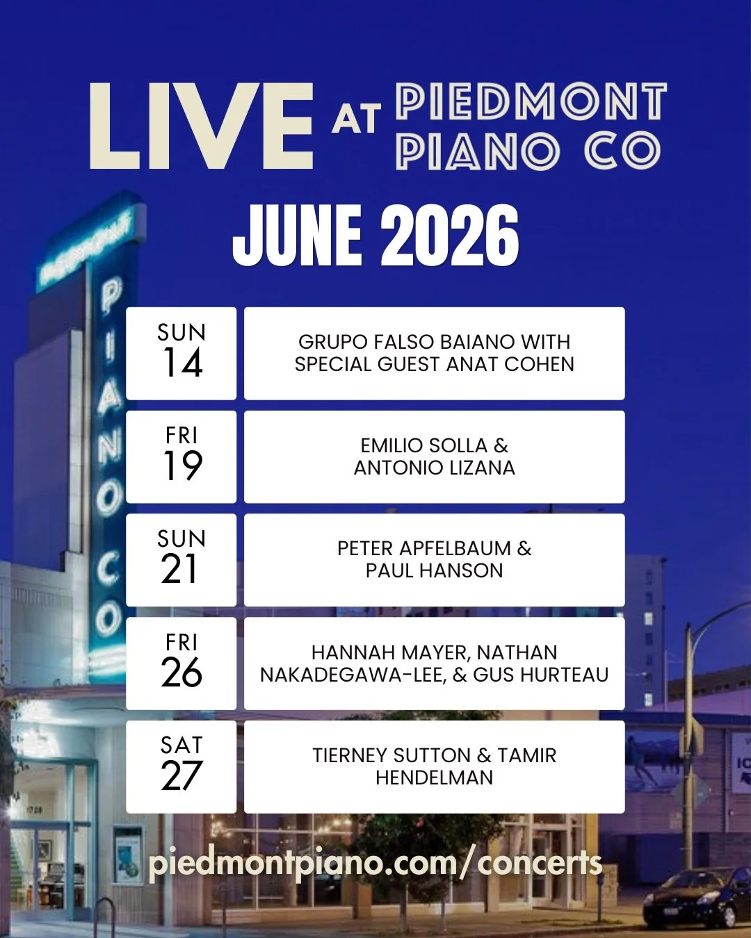🎹 Coming Up This Month Live at Piedmont Piano Company! Join us for an exciting lineup of live jazz:

Grupo Falso Baiano with special guest Anat Cohen
Sunday, June 14, 2026
5:00 PM &amp; 7:30 PM
@falsobaiano @anatcohenmusic 

Emilio Solla &amp; Anton