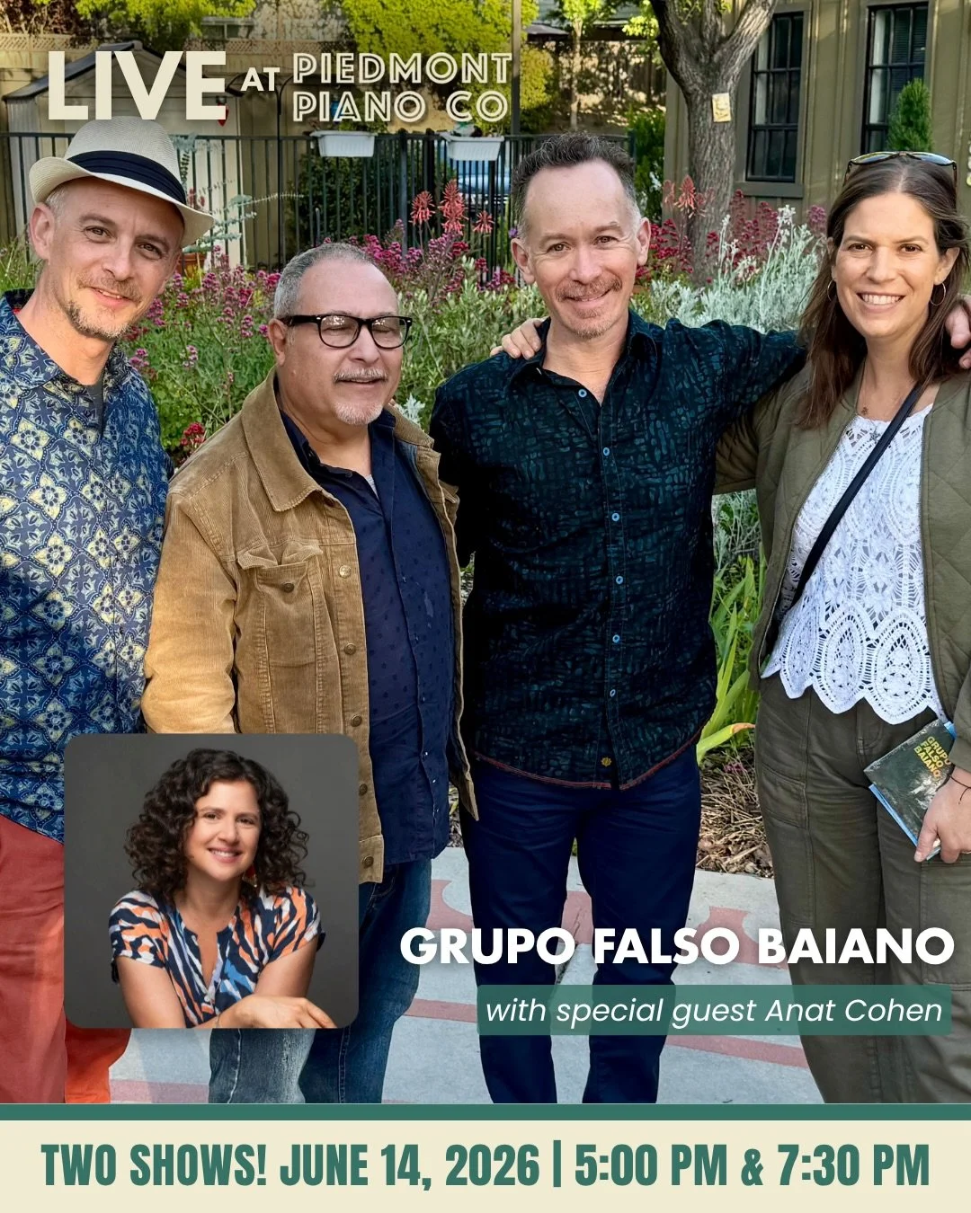 SOLD OUT, JOIN WAITLIST 🚨 Live at Piedmont Piano: Grupo Falso Baiano with Special Guest Anat Cohen

Sunday, June 14, 2026 | 5:00 PM &amp; 7:30 PM

Grupo Falso Baiano, led by Carlos Oliveira, presents an evening of choro, Brazil&rsquo;s earliest popu