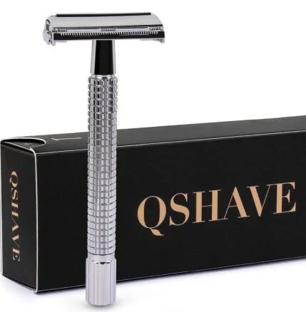 QSHAVE Chrome Double Edge Long Handle Safety Razor - Butterfly Open