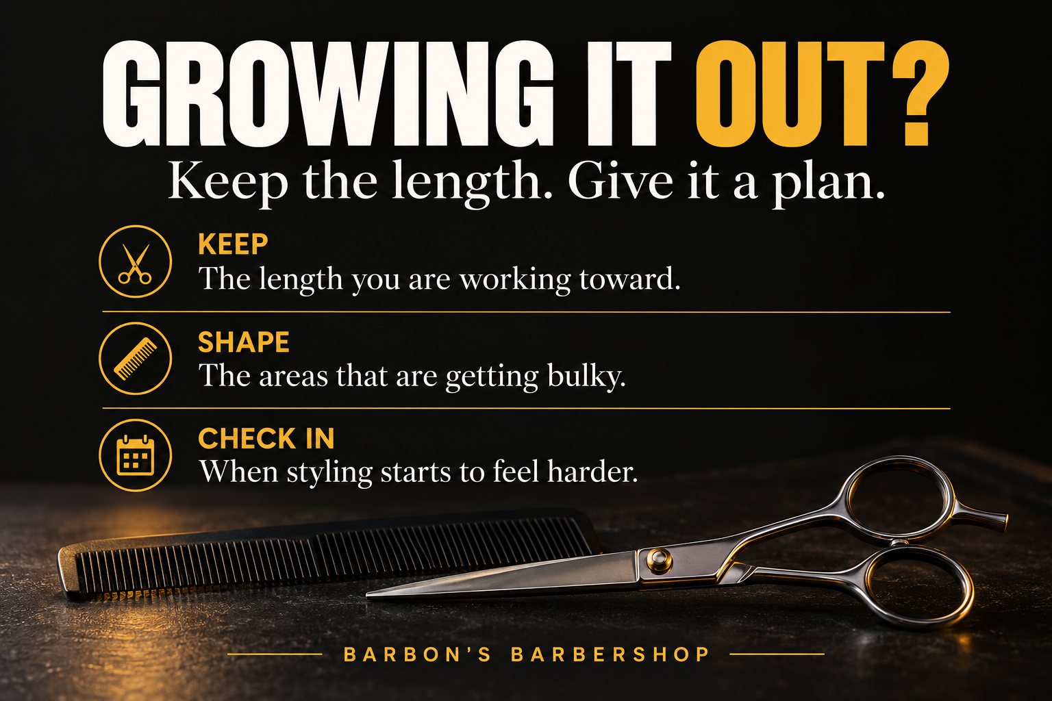 Grow-out plan: keep the length you want, shape bulky areas, and check in when styling becomes harder.