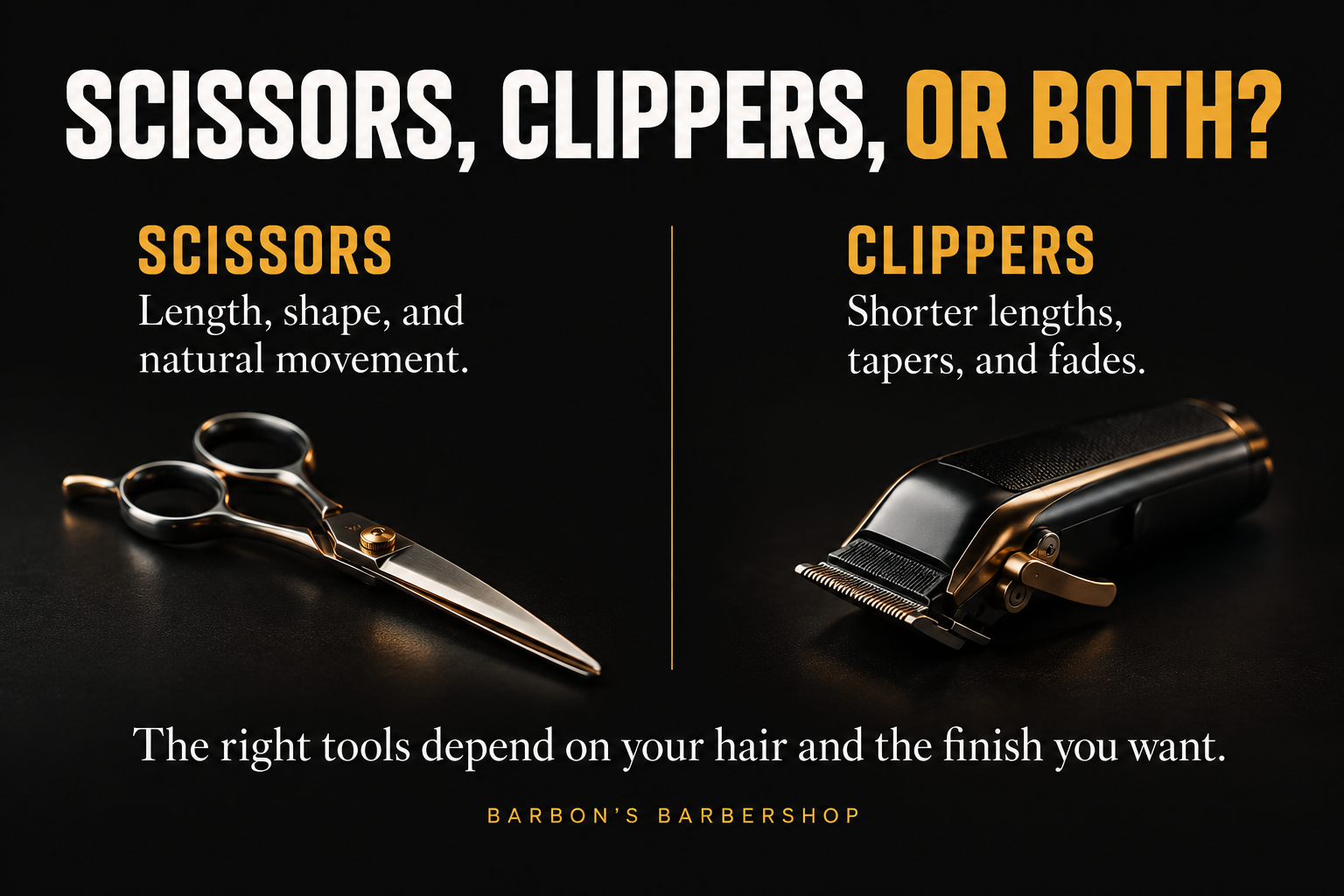 Scissors support length and movement; clippers support shorter lengths, tapers, and fades.