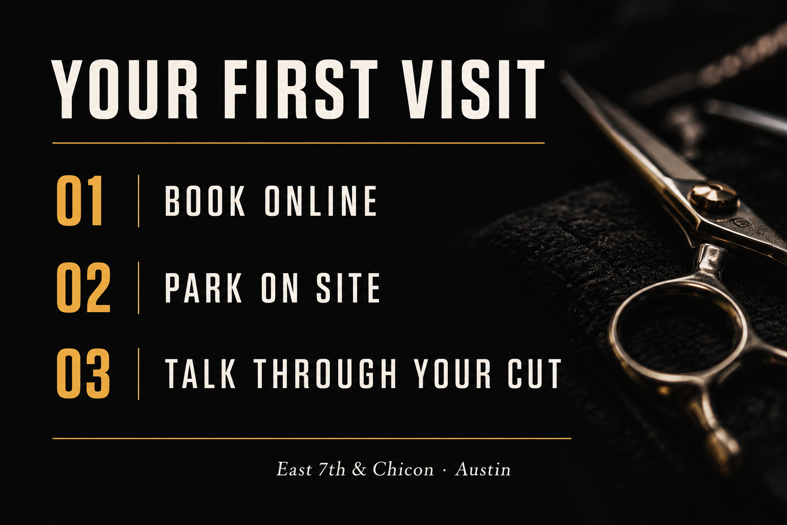 First visit steps: book online, park on site, and talk through your cut at Barbon's.