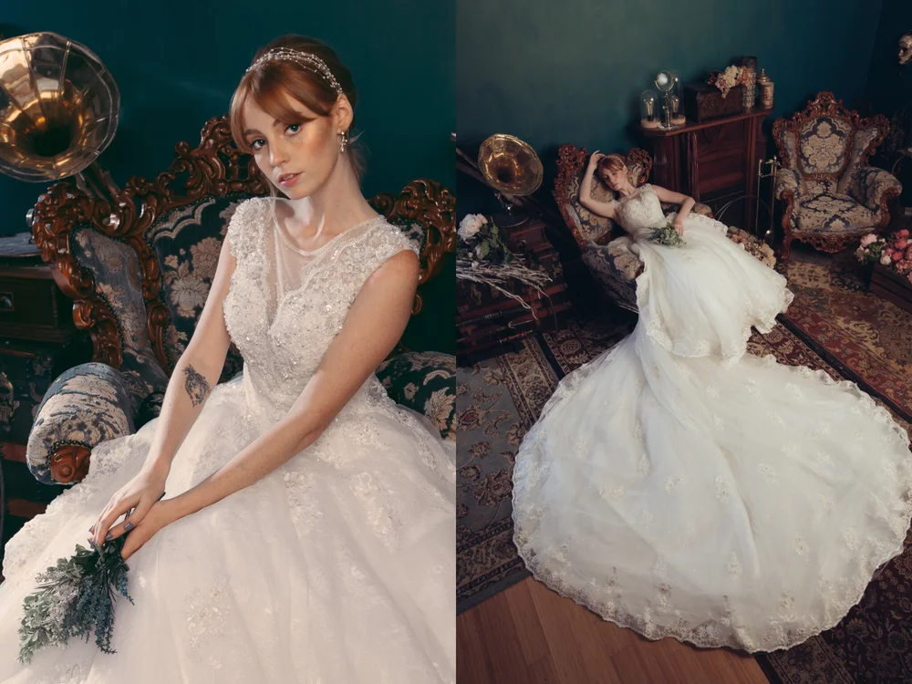 Studio bridal portrait with a feather fan, paired with a detail of the gown