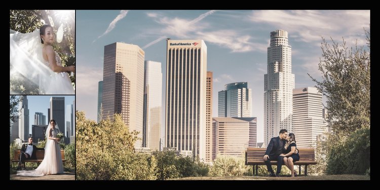 Engagement session at Vista Hermosa Park with the Downtown Los Angeles skyline behind the couple