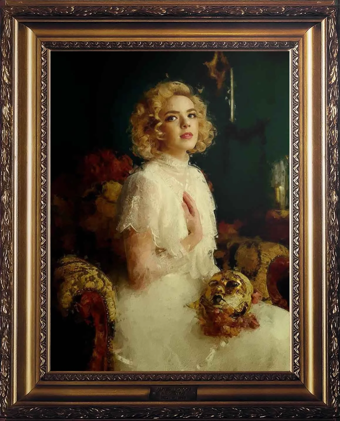 Hand-painted oil portrait framed in an ornate gold frame