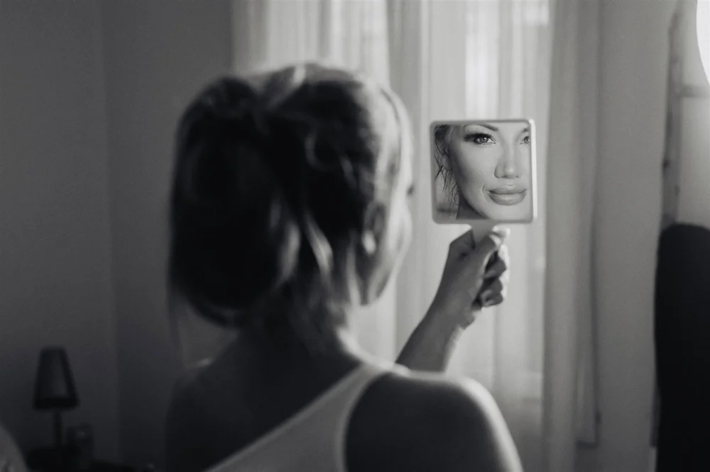 Bride checking her reflection in a small hand mirror beside a window