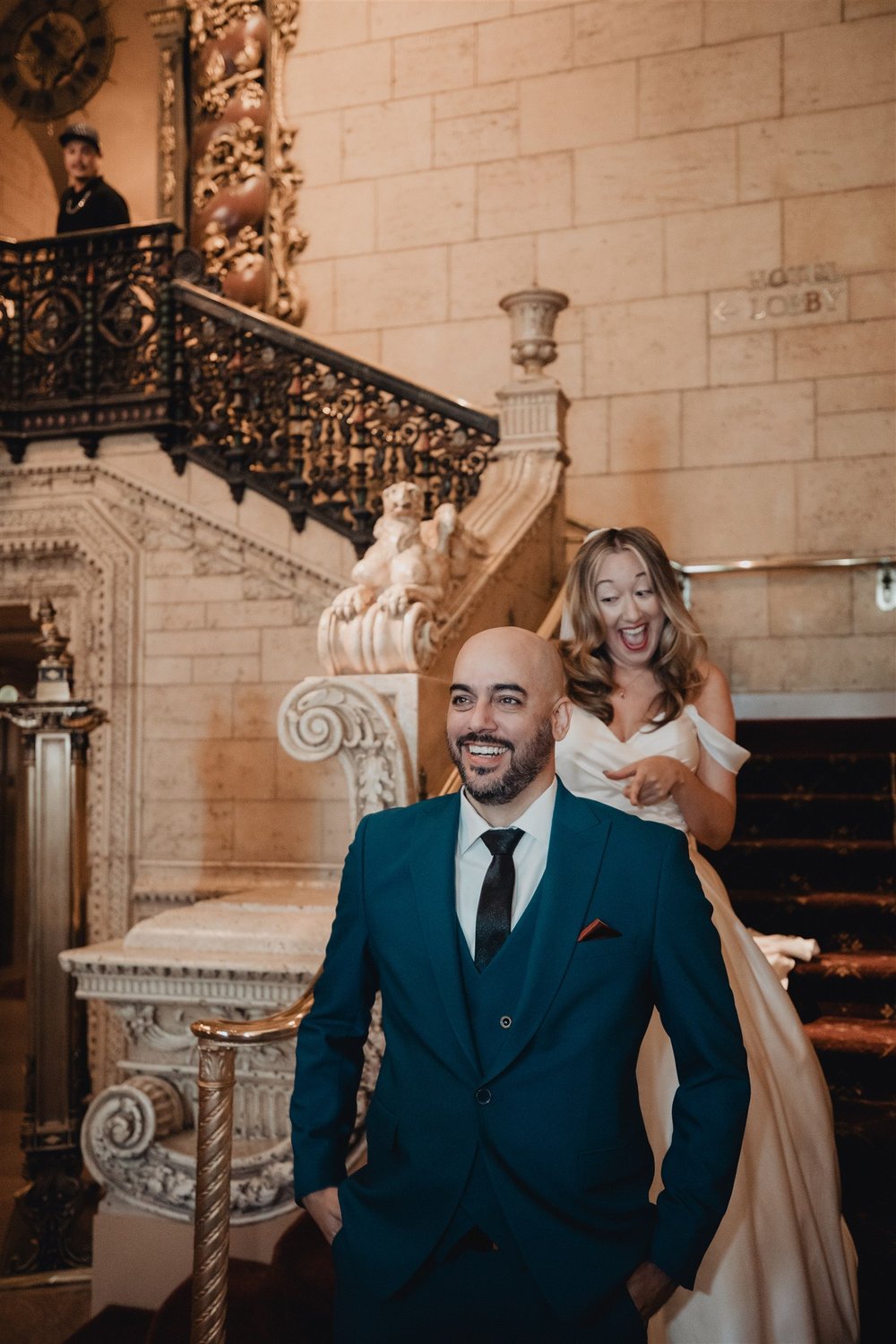 First Look with Bride and Groom at Oviatt Penthouse, wedding photo taken by Lulan Studio