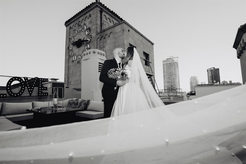 Bride and Groom Wedding Portrait at the Oviatt Penthouse, taken by Lulan Studio