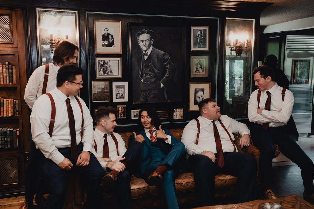 Bride &amp; Groom with Wedding Party at Houdini Estate taken by Lulan Studio