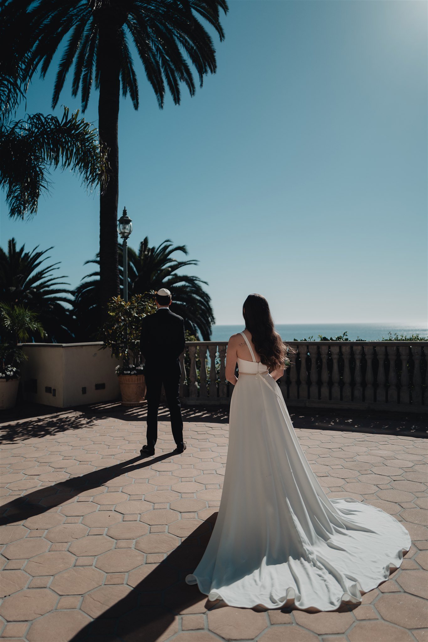 First Look Moment Between Bride &amp; Groom at Bel Air Bay Club taken by Lulan Studio