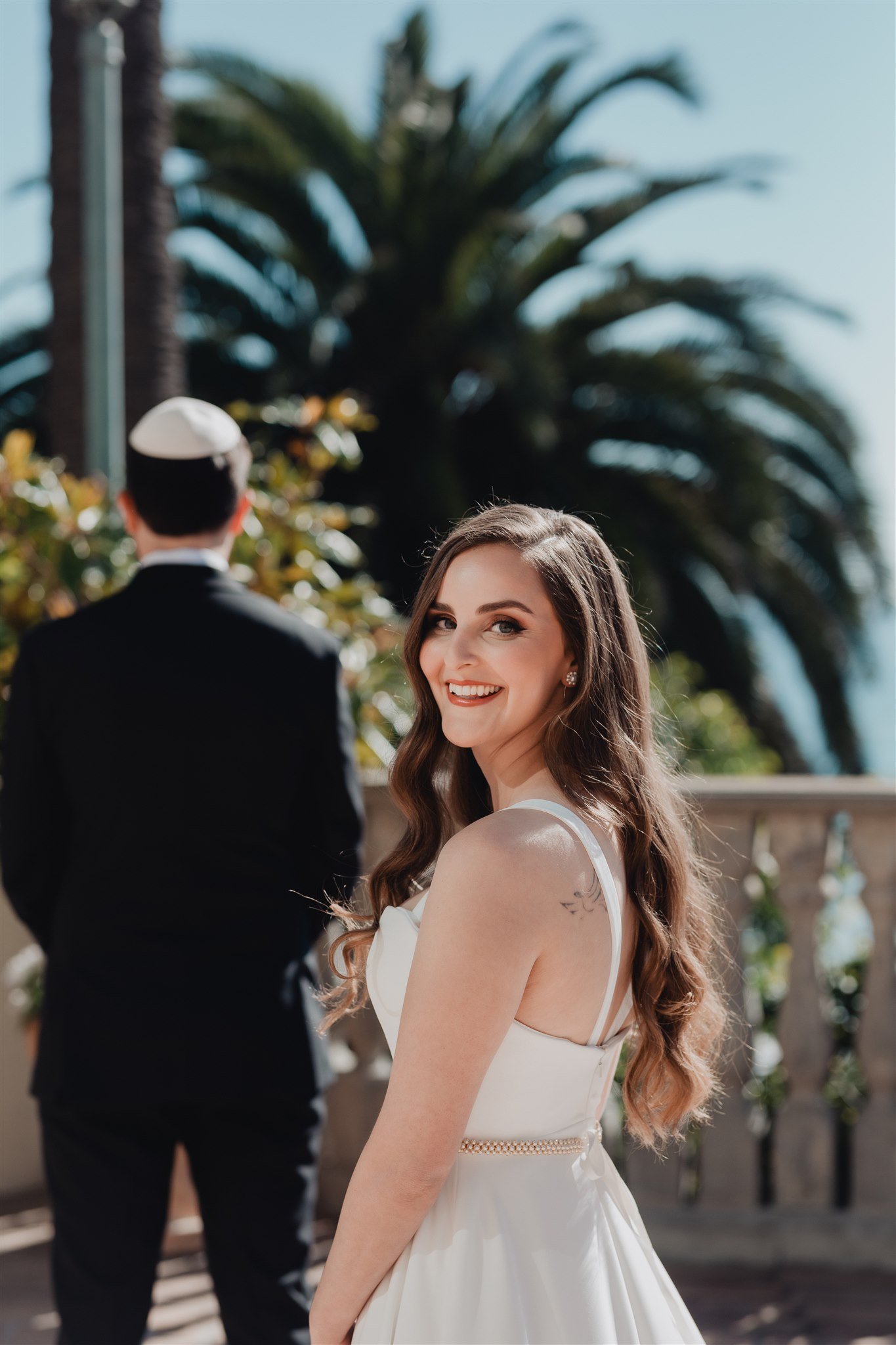 First Look Moment Between Bride &amp; Groom at Bel Air Bay Club taken by Lulan Studio