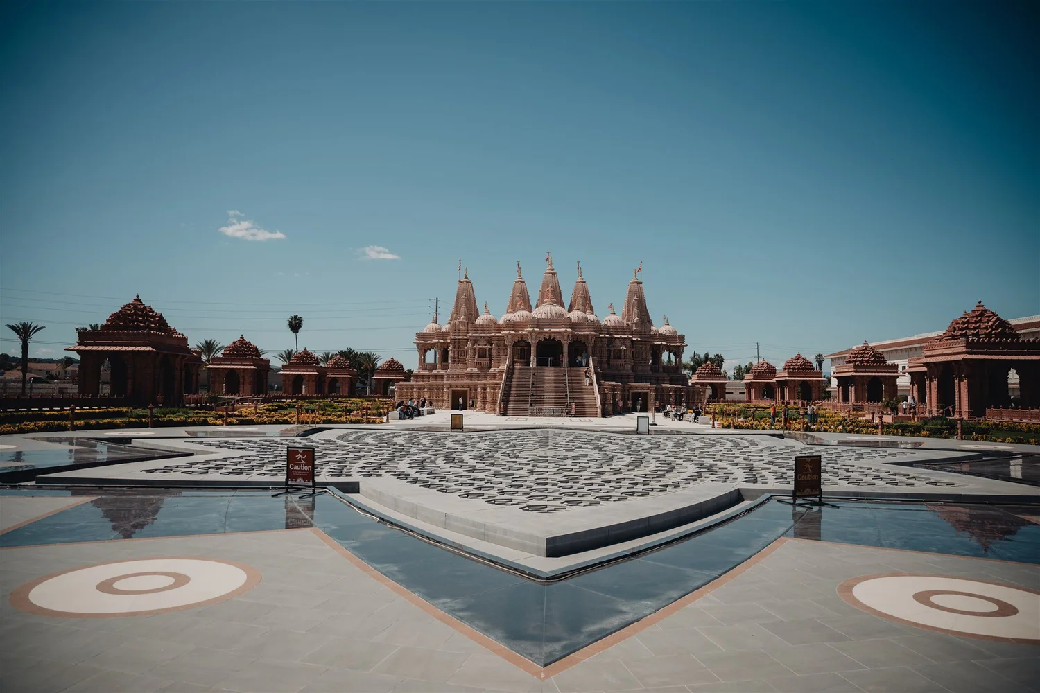 The reflection pond in front of the BAPS Shri Swaminarayan Mandir, Chino Hills