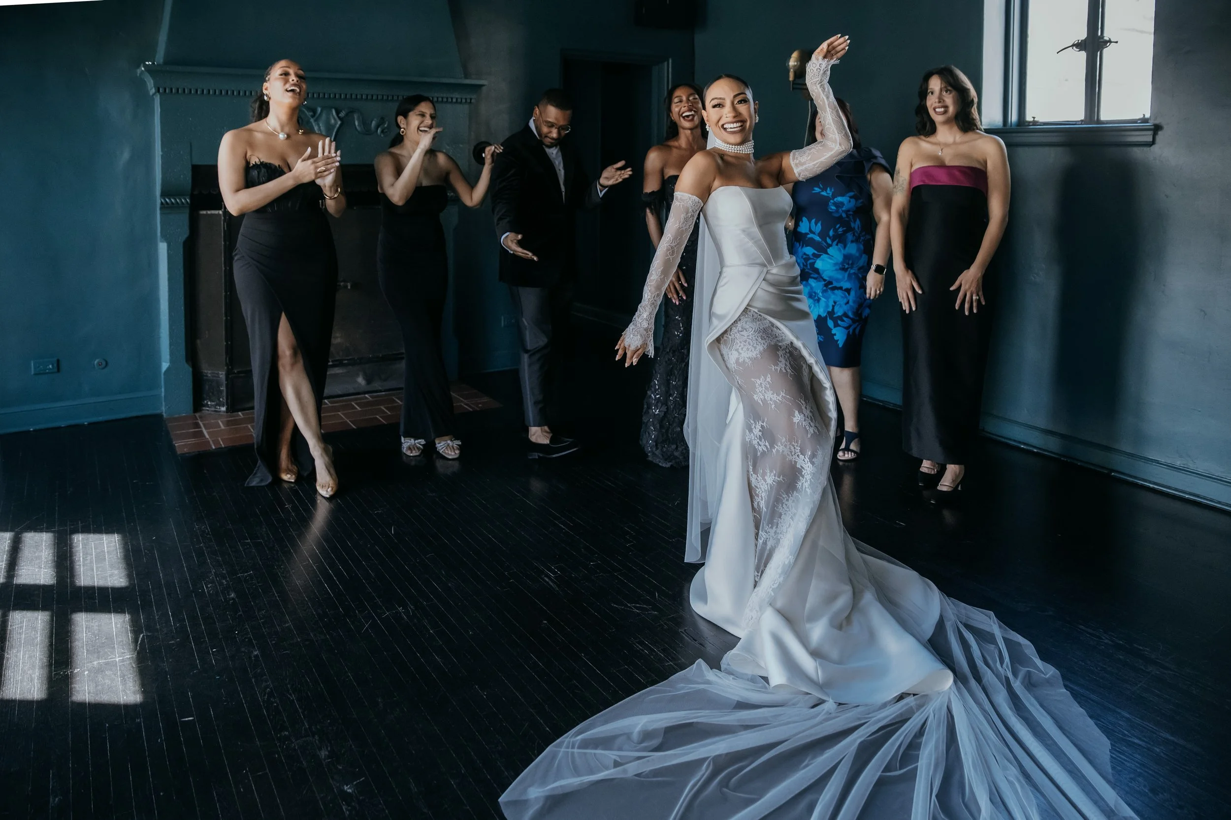 bride first look with her bridesmaids
