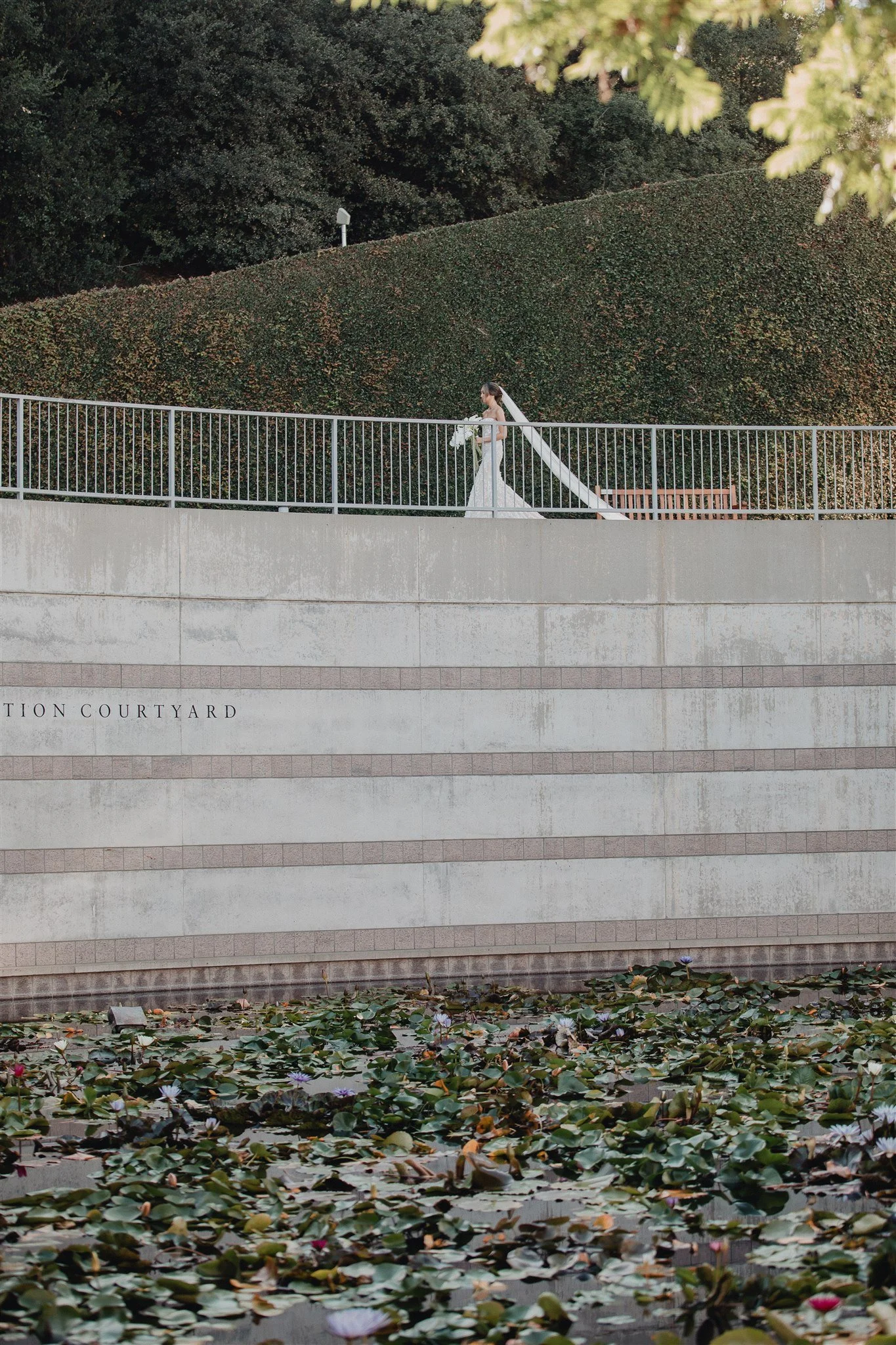 bride walking down the aisle for her wedding ceremony at skirball cultural center