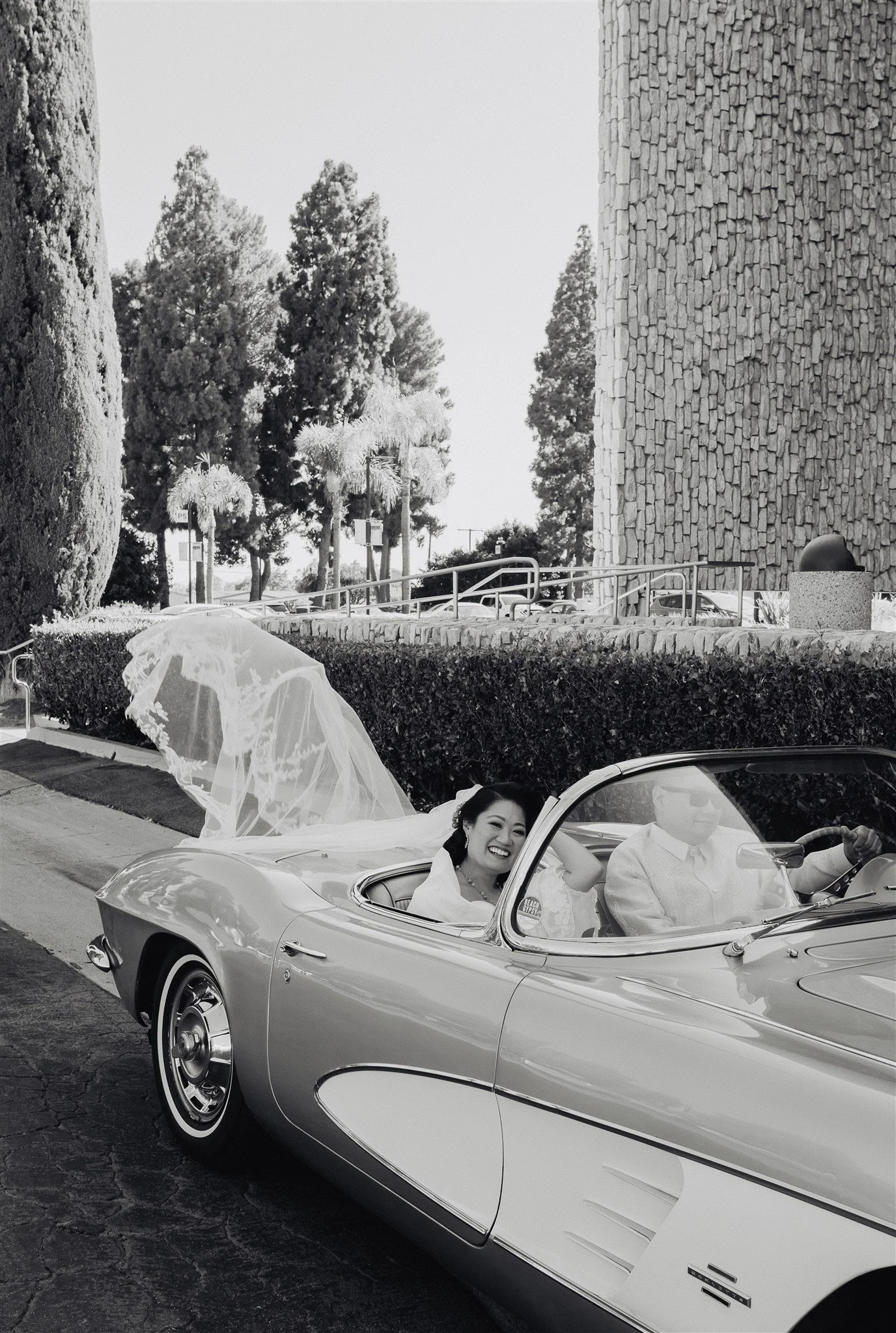 bride and groom location shoot in garden grove, california on their wedding day
